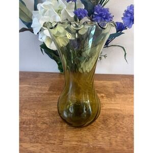 Vintage Mid Century Olive Green Art Glass Ruffled Edge Vase Decor Home MCM
